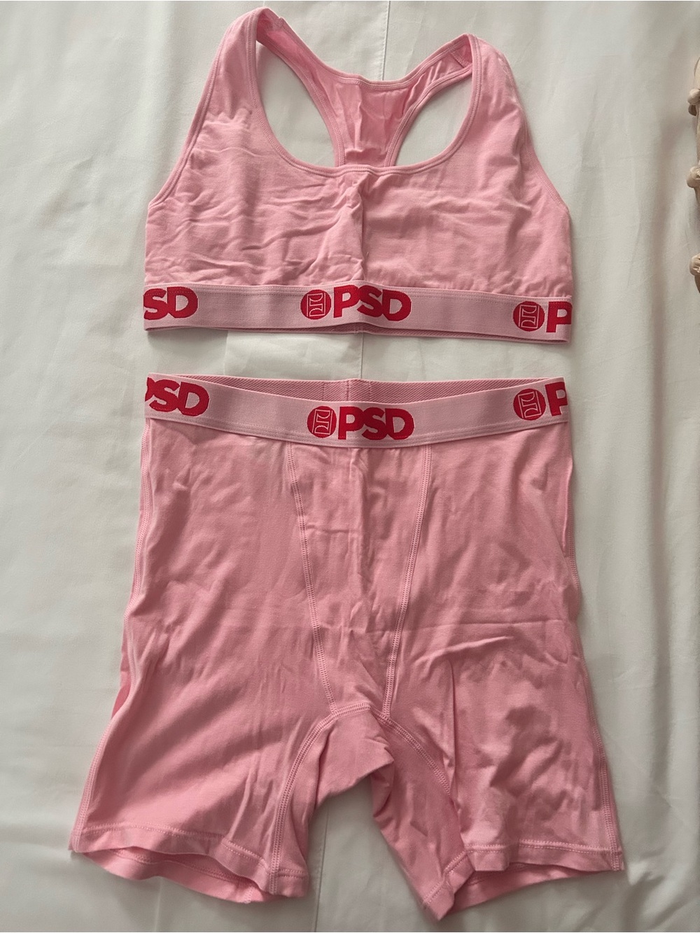 PSD Pink Bralette and Boxer Brief Set with Red Logo Band